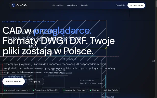 CoreCAD - polski CAD w przeglądarce z obsługą DWG i DXF - zrzut ekranu realizacji