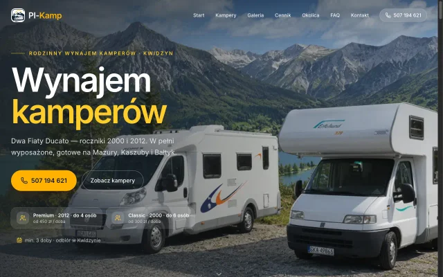 Pi-Kamp - wypożyczalnia kamperów z rezerwacją terminów online - zrzut ekranu realizacji